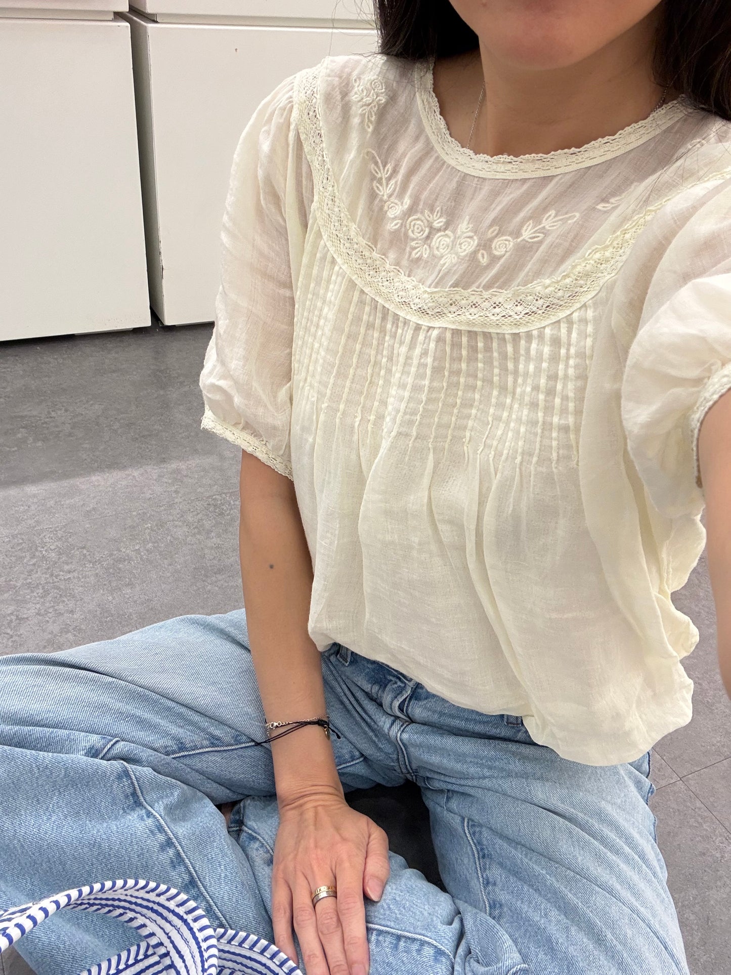 Lemon butter yellow cotton blouse floral embroidered. Natural fiber whimsical top. Cottagecore style top. French Parisian Vintage Inspired Top.