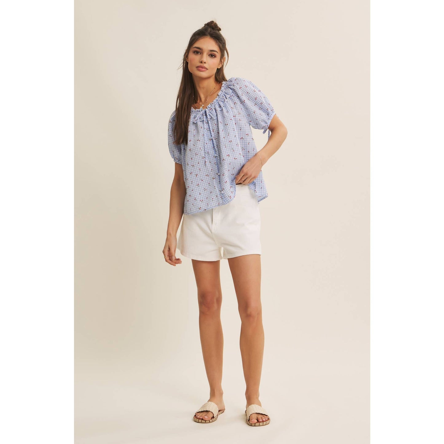 NOSTALGIC TWIST FRESH SUMMER CHERRY GINGHAM RUFFLED BLOUSE