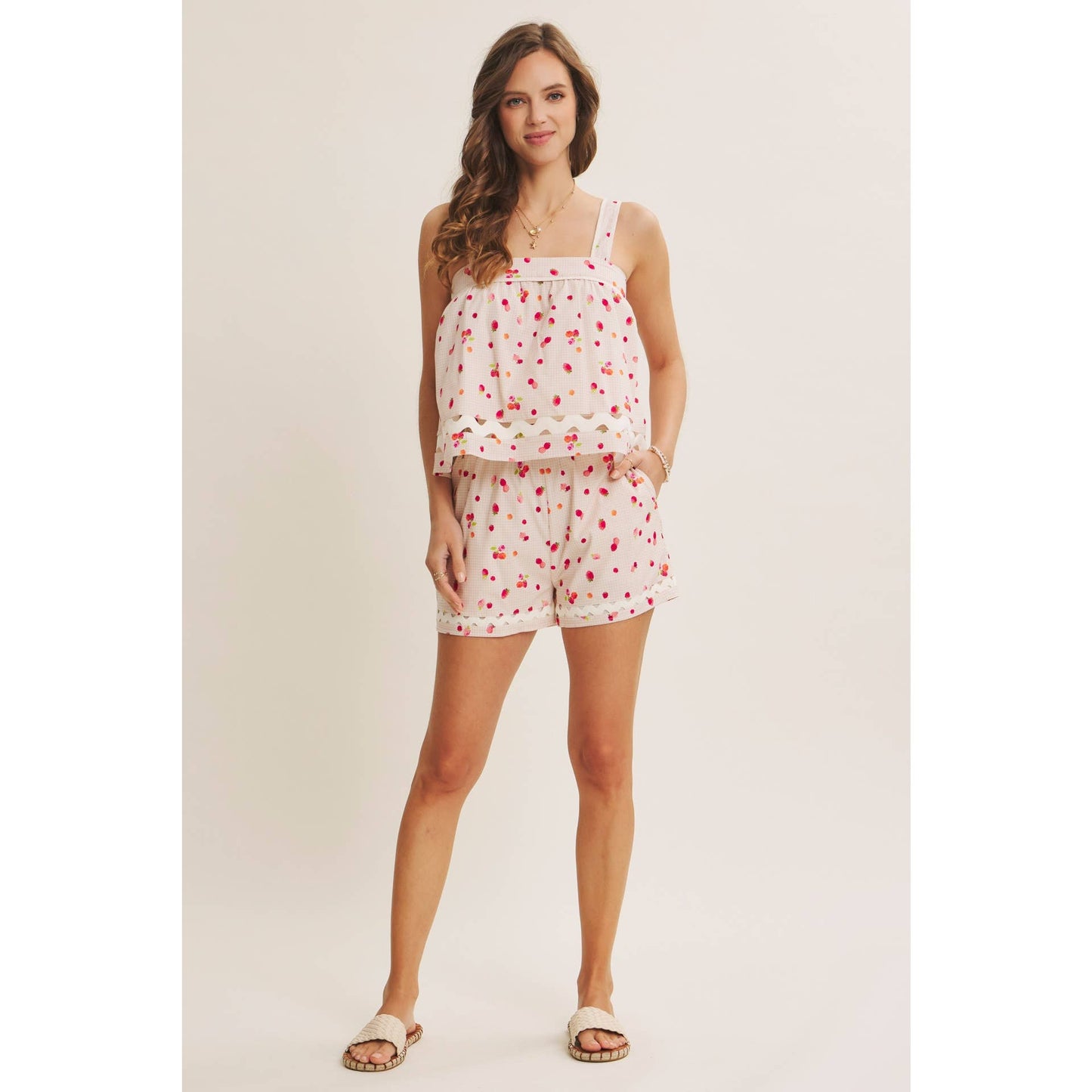 FRESH POP OF BERRY COTTON SQUARE NECK TOP WITH RIC RAC TRIM