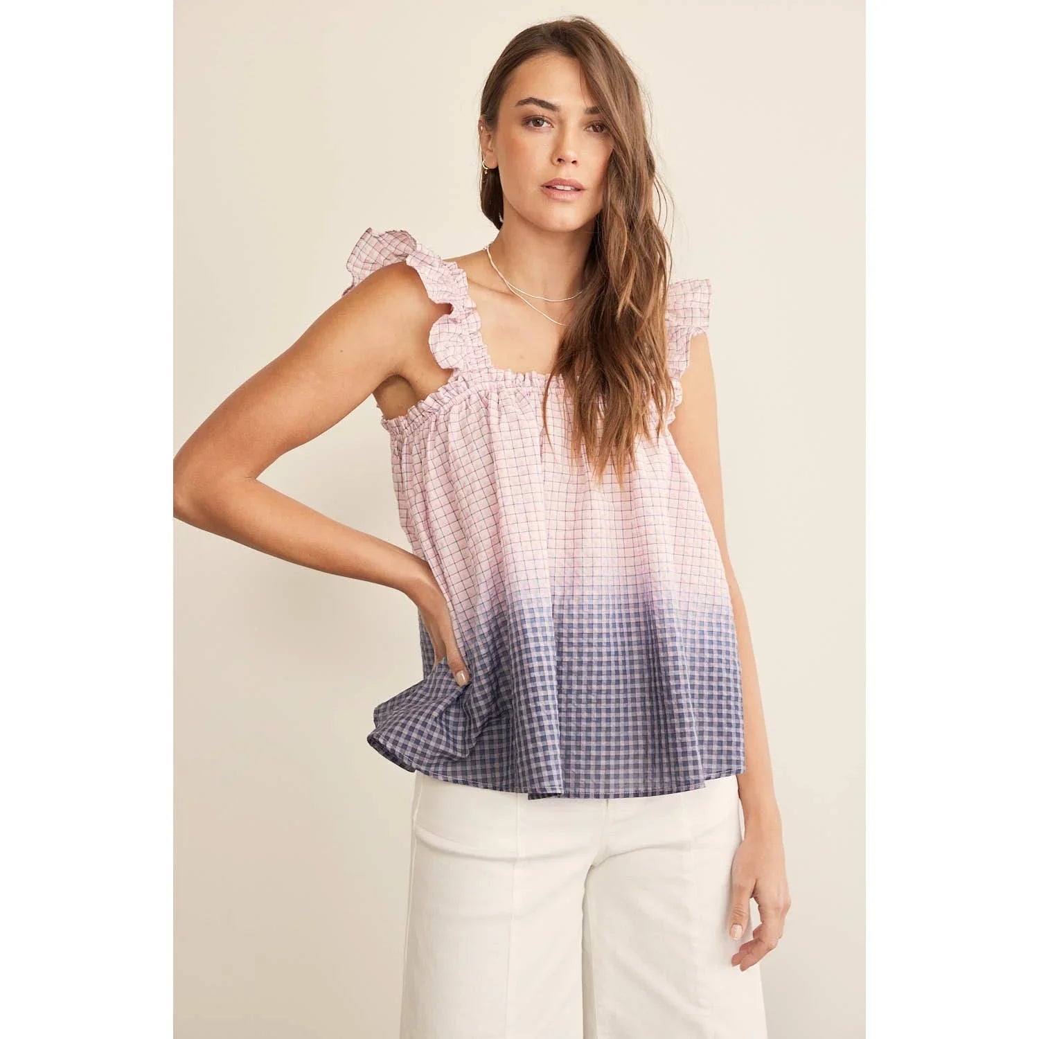 OMBRE PLAID RUFFLE SLEEVE TOP - Chickticks