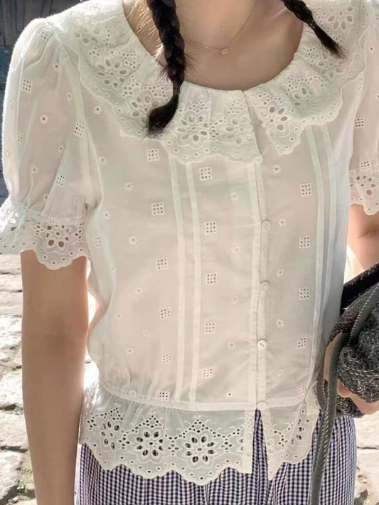 Cotton floral french lace pintuck blouse - Chickticks