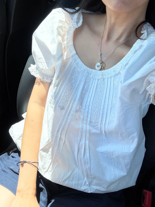 Whimsical Cottagecore French Vintage Inspired Top. Cotton Natural Fiber Top. Lace Pintuck Top. Victorian Bohemian Style Top.