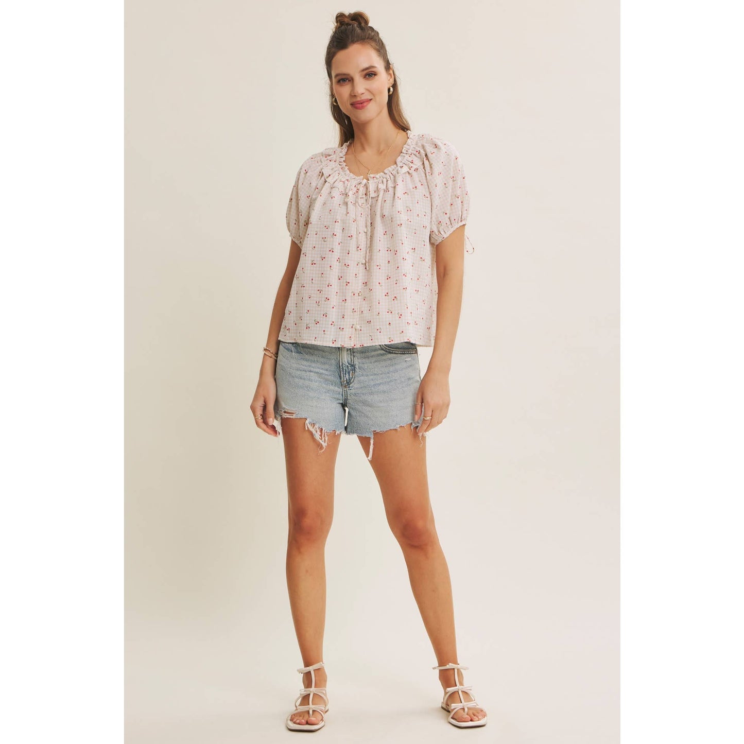 NOSTALGIC TWIST FRESH SUMMER CHERRY GINGHAM RUFFLED BLOUSE