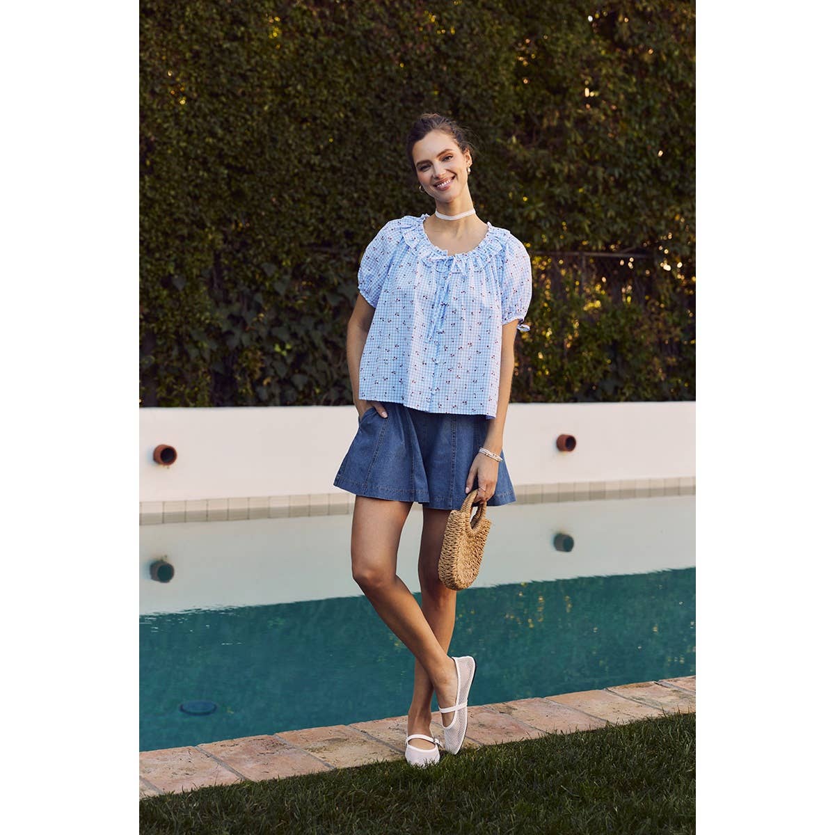 NOSTALGIC TWIST FRESH SUMMER CHERRY GINGHAM RUFFLED BLOUSE