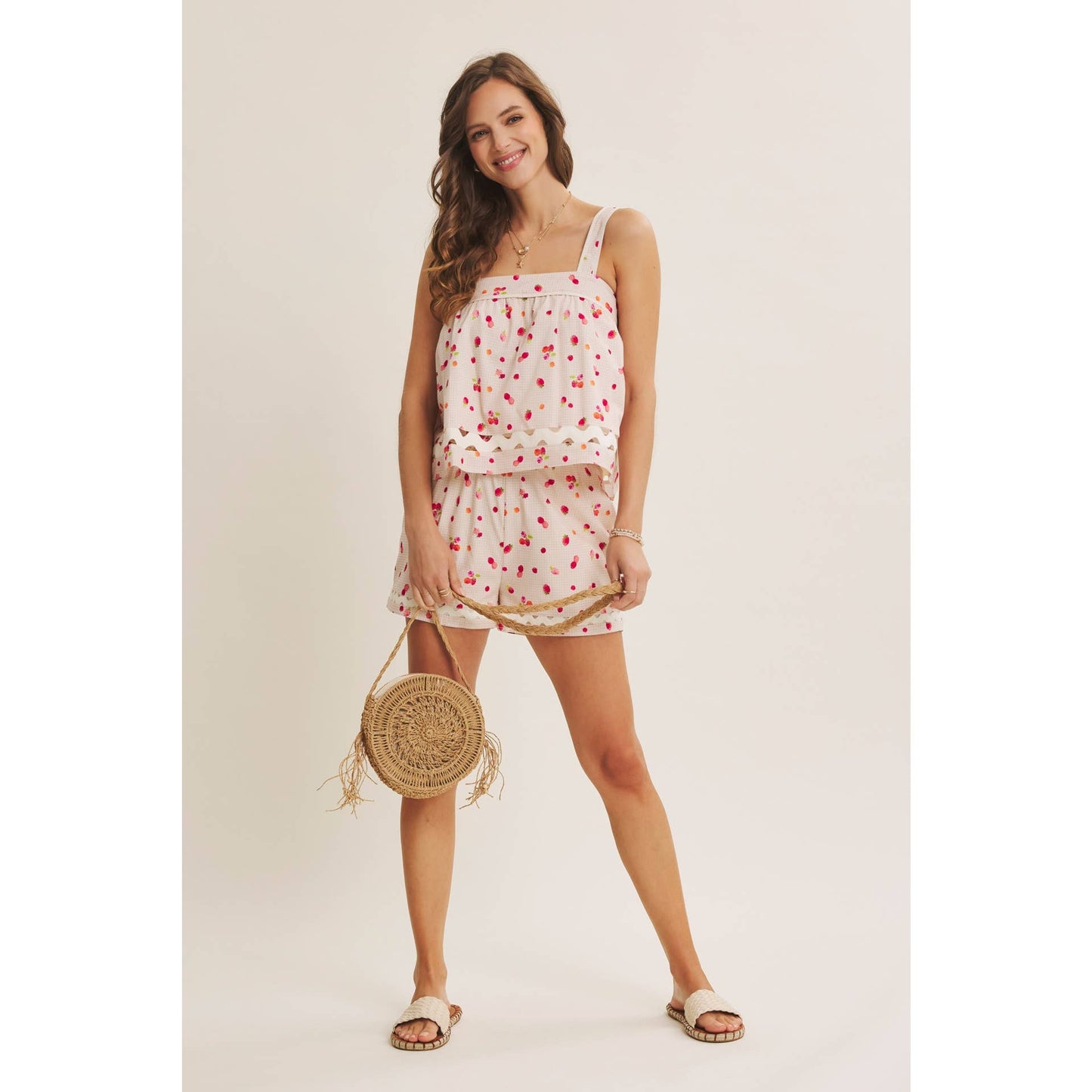 FRESH POP OF BERRY COTTON SQUARE NECK TOP WITH RIC RAC TRIM