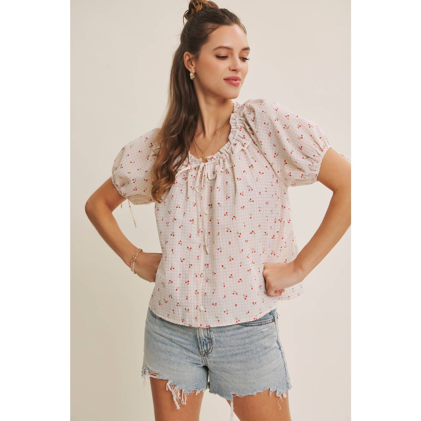 NOSTALGIC TWIST FRESH SUMMER CHERRY GINGHAM RUFFLED BLOUSE