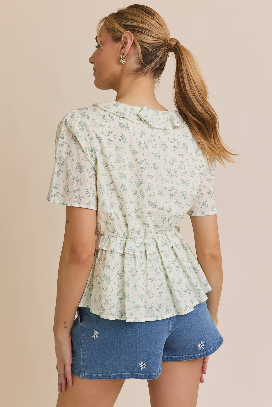 Front Tie Pintuck Cotton Floral French Style Shirt