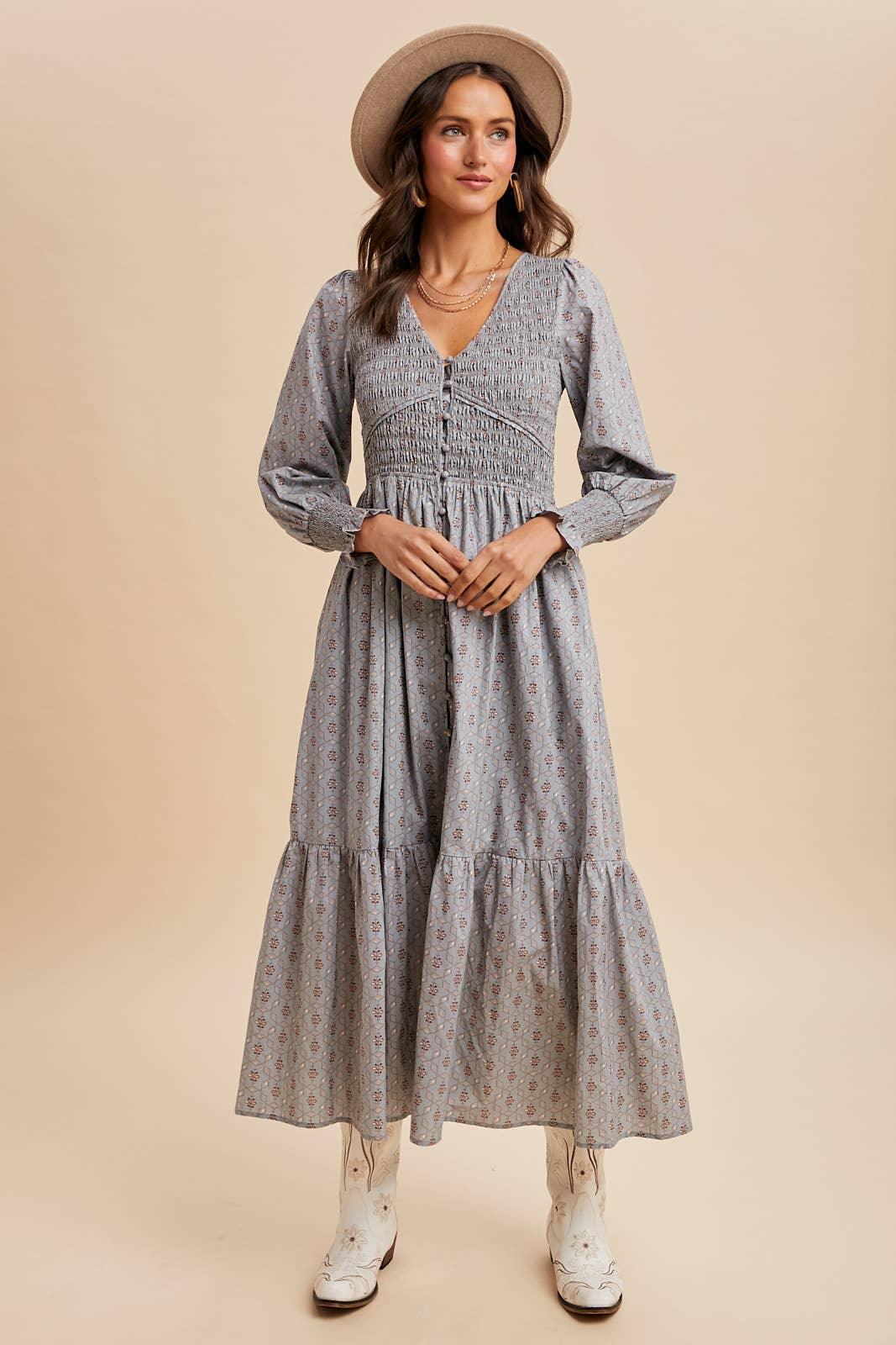 COTTON SMOCKED FLORAL BUTTON DOWN MAXI - Chickticks