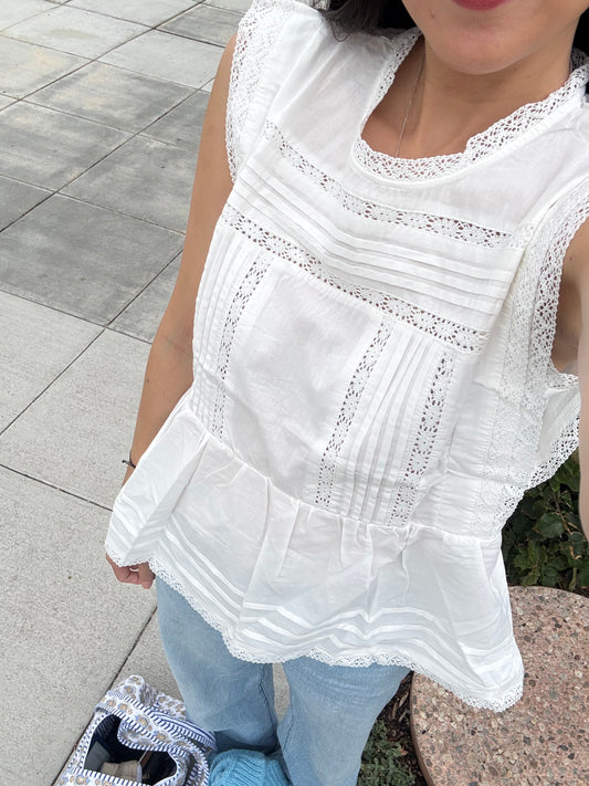 Cotton Lace Pintuck Top. Vintage Inspired Whimsical Cottage core Top. Natural Fiber Top. Resort wear blouse. Eyelet top.