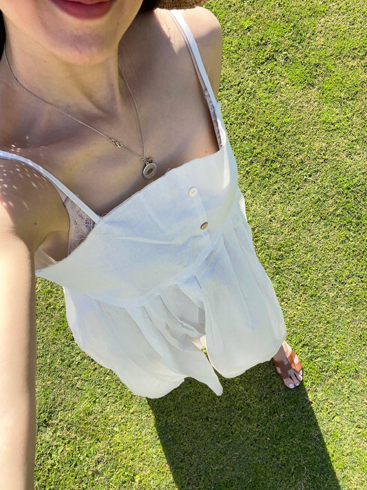 White linen square neck midi dress raw hem - Chickticks