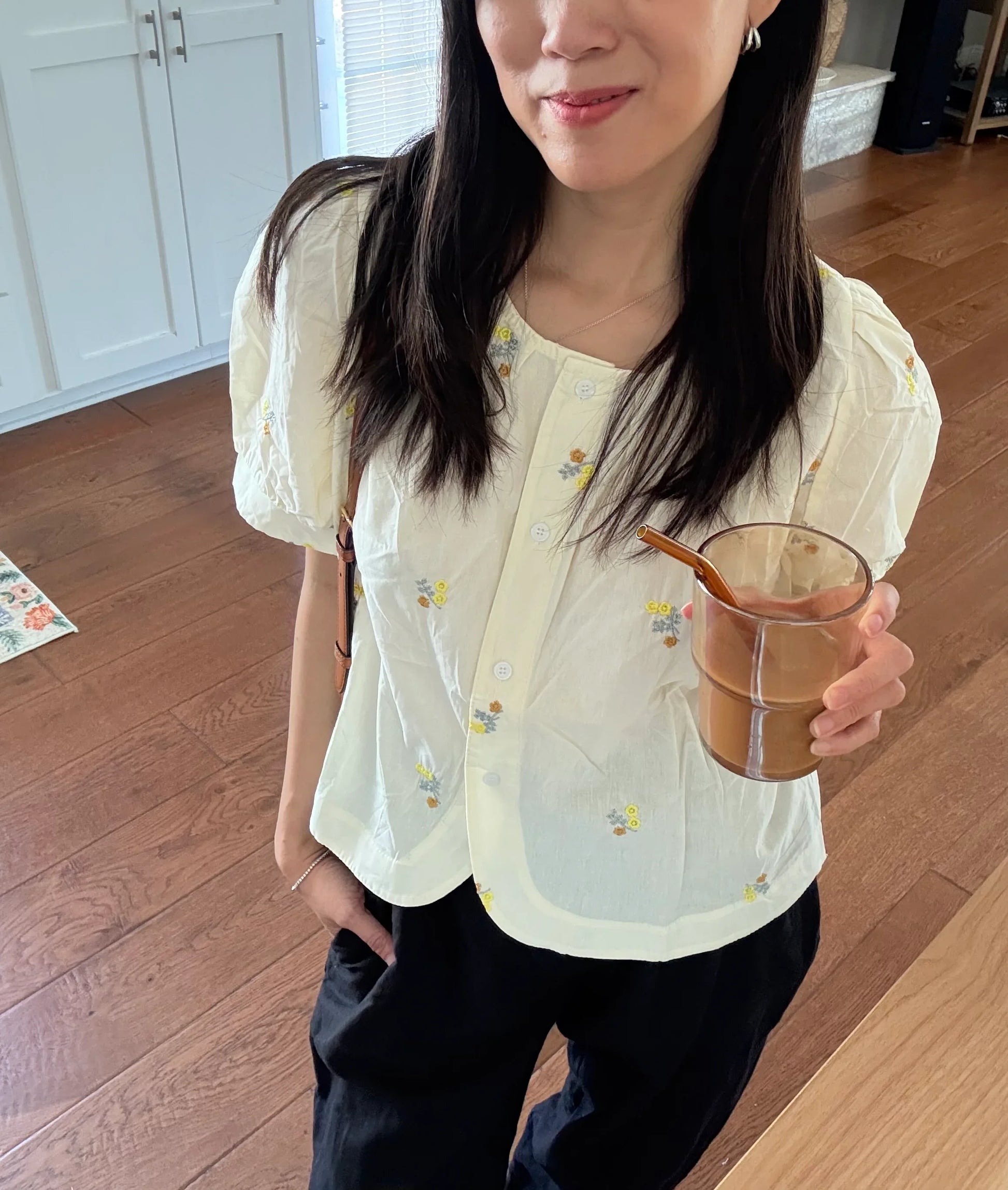 Lemon butter yellow cotton button down shirt with floral embroidered - Chickticks