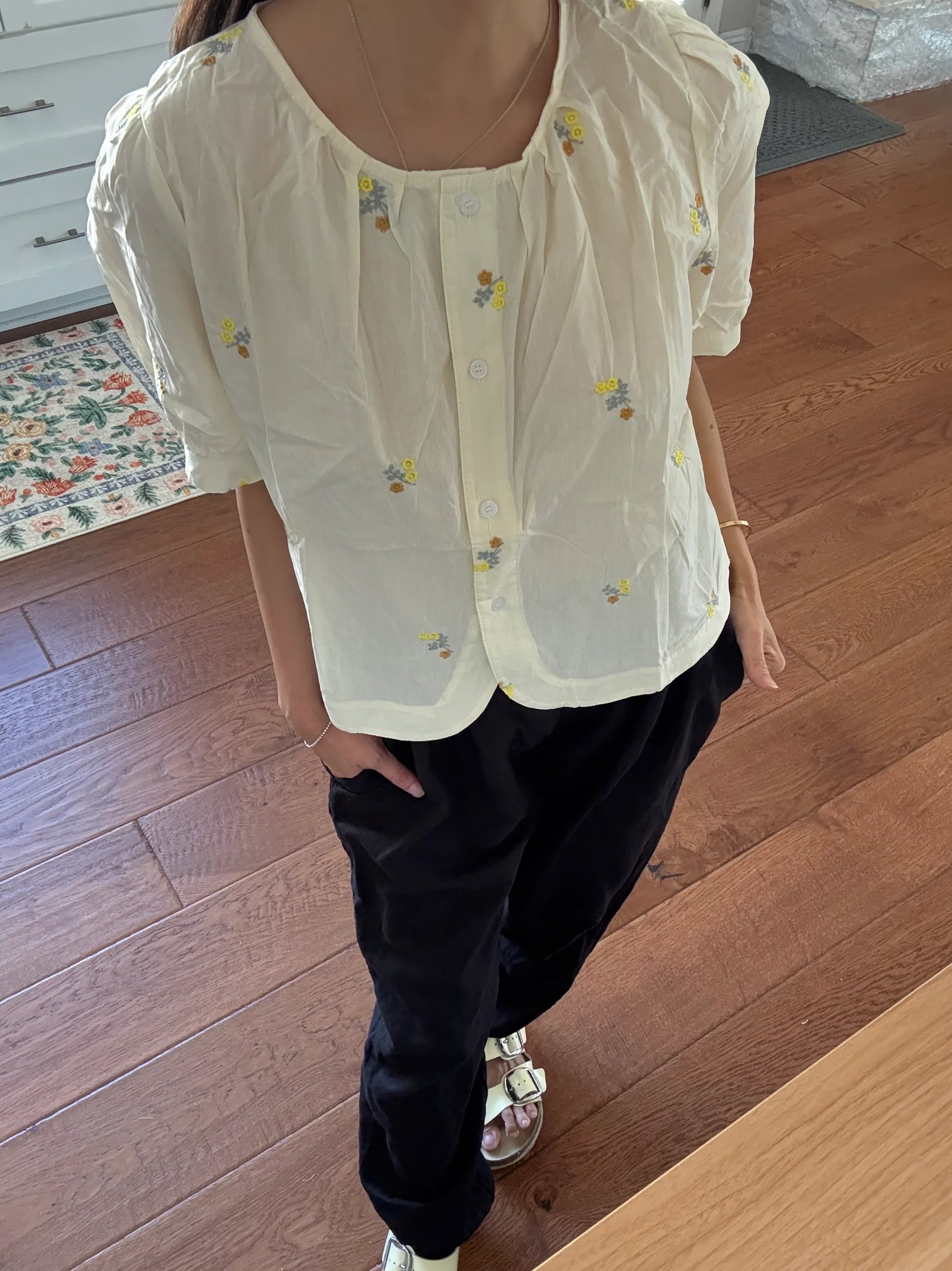 Lemon butter yellow cotton button down shirt with floral embroidered - Chickticks