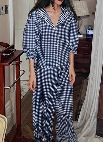 Cotton blue gingham co ord set. Pajamas set for fall. - Chickticks