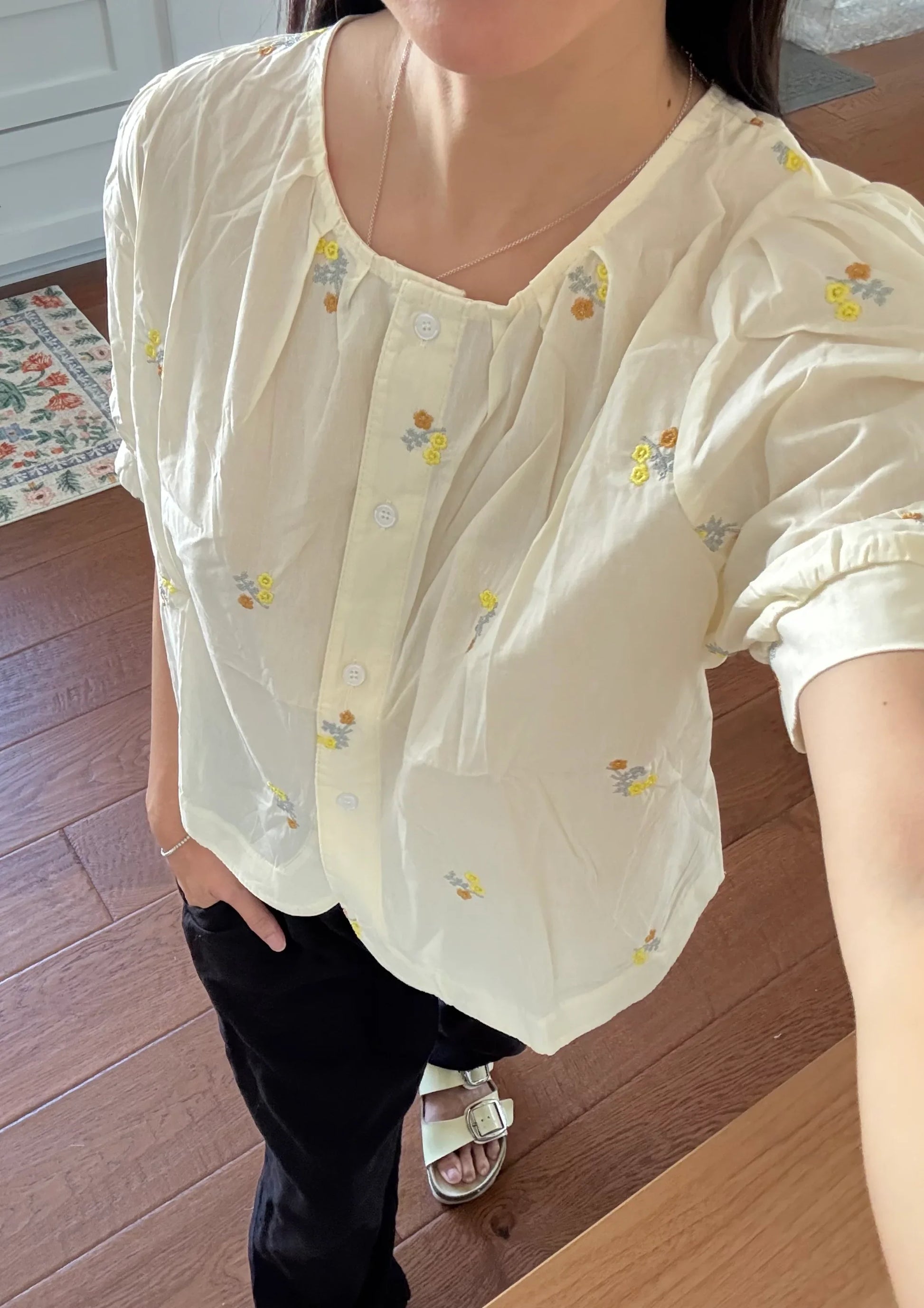 Lemon butter yellow cotton button down shirt with floral embroidered - Chickticks