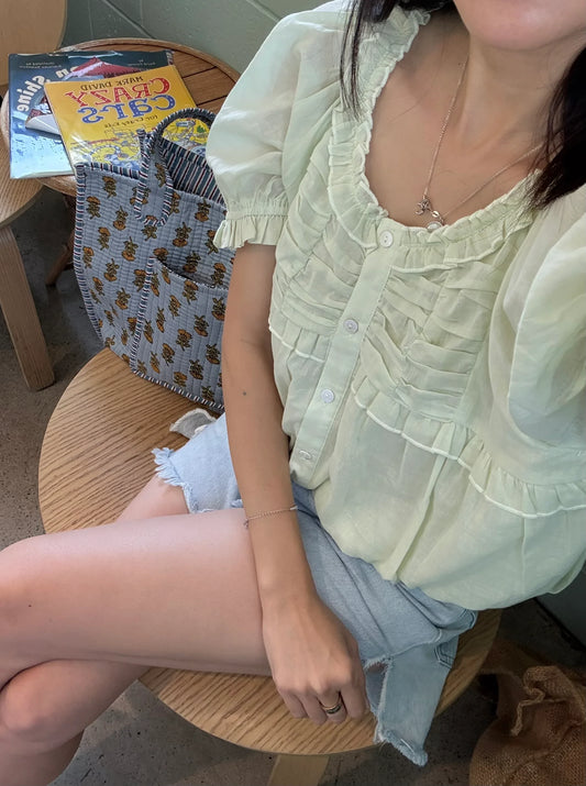 Pintuck cotton button down blouse in sage green - Chickticks
