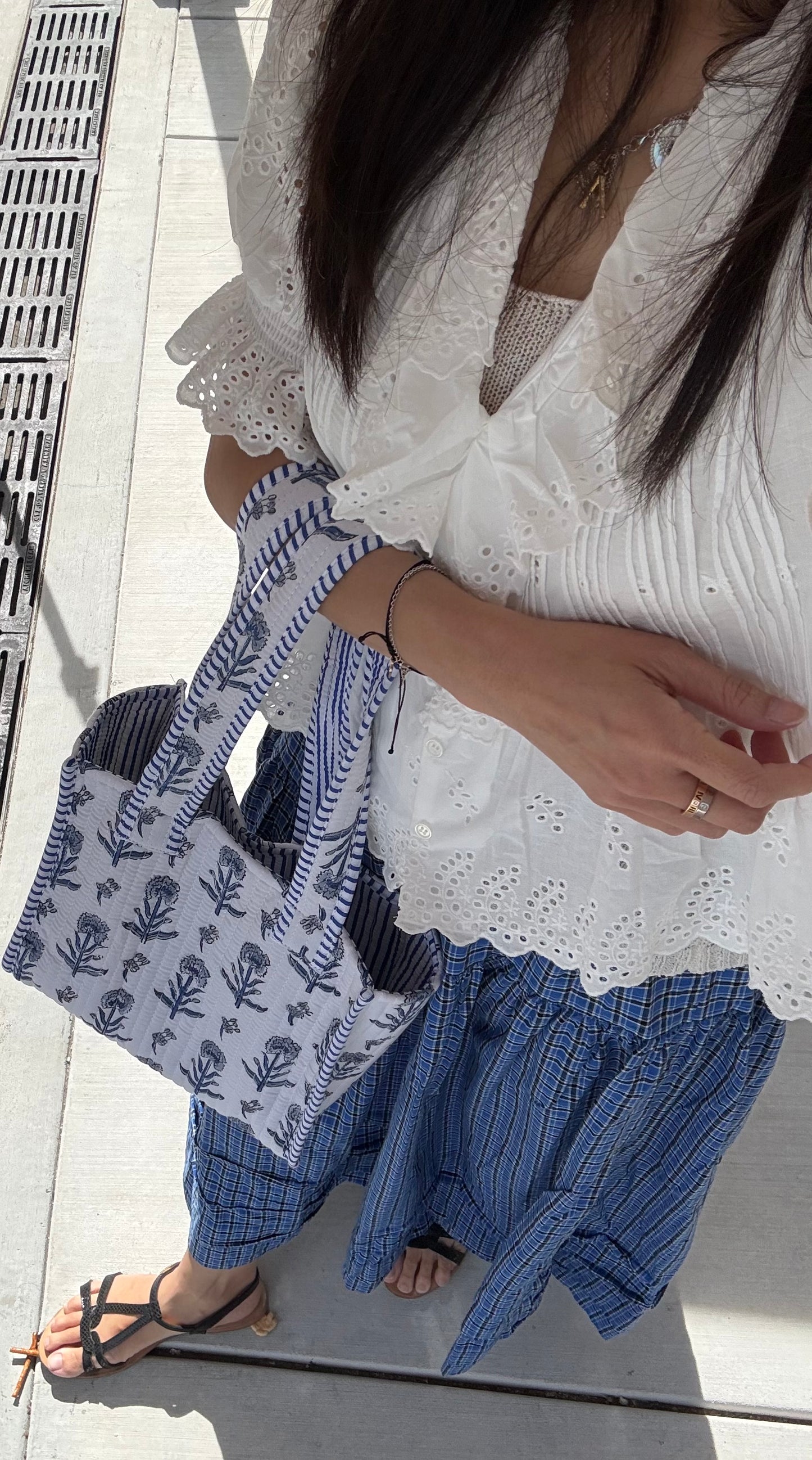 Hand blocked print cotton quilt reversible mini tote bag. Stripes mini tote bag. Beach bag. floral light blue tote bag. Mother’s Day gift.