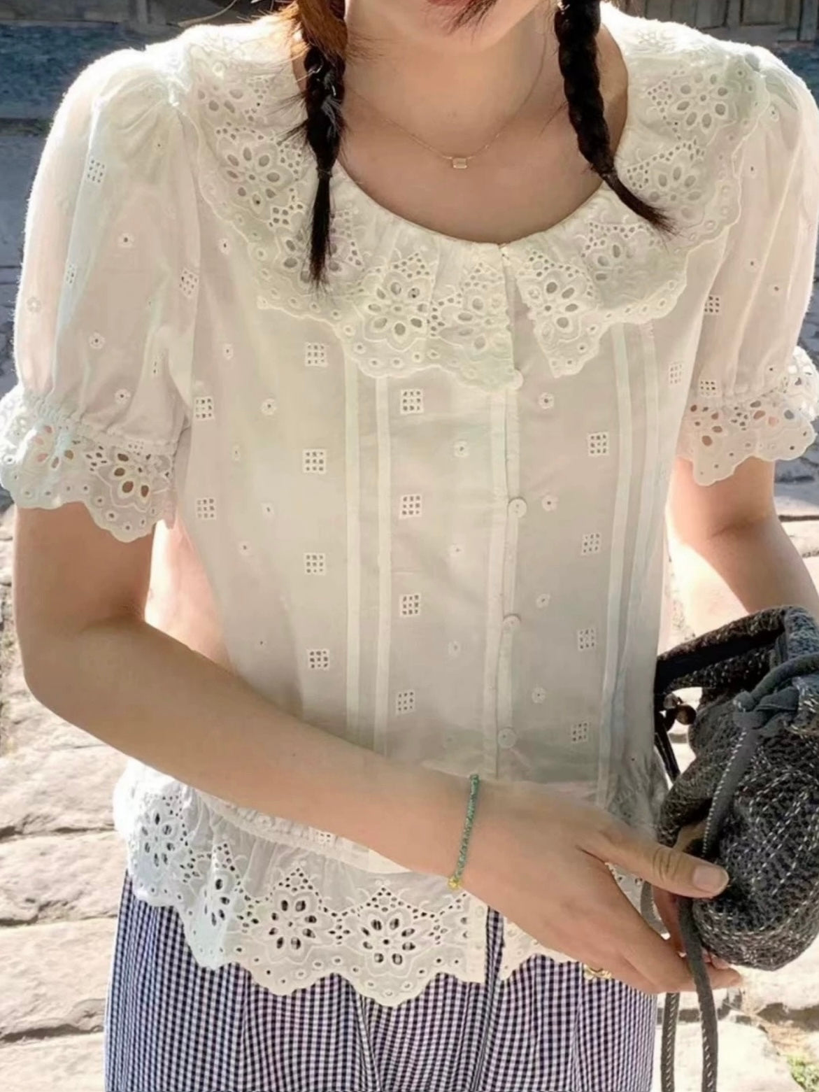 Cotton floral french lace pintuck blouse - Chickticks