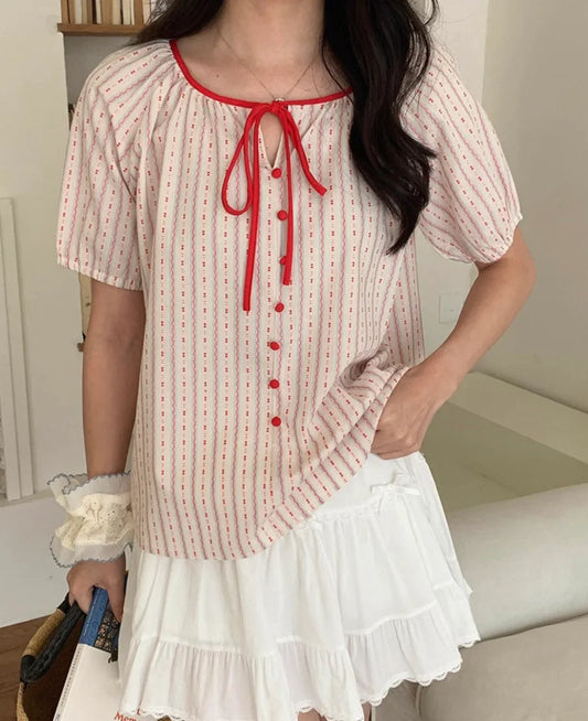 Cotton red stripes button down french style vintage inspired - Chickticks