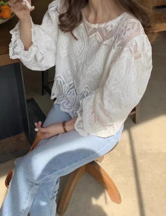 White french inspired lace embroidered blouse