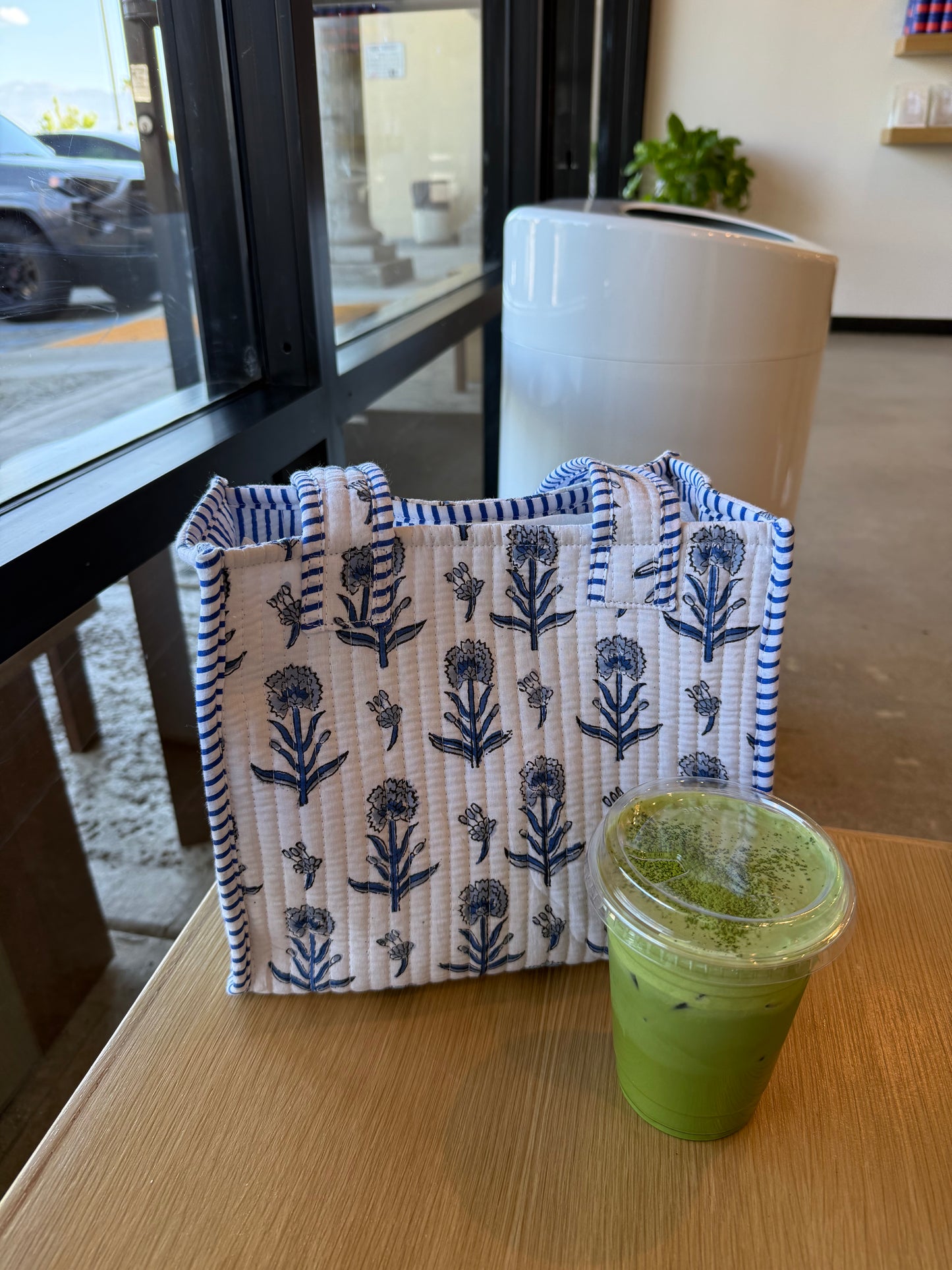Hand blocked print cotton quilt reversible mini tote bag. Stripes mini tote bag. Beach bag. floral light blue tote bag. Mother’s Day gift.