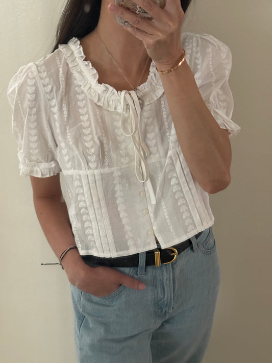 Whimsical Cottagecore Cotton Pintuck Top. Ruffle Lace French Vintage Inspired Top. Victorian Bohemian Style Top. Natural Fiber Heritage Top.