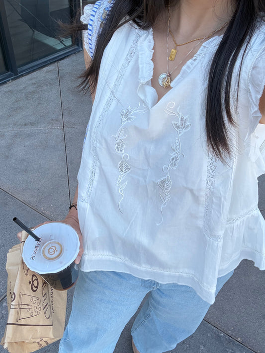 Casual embroidery white pintuck lace romantic top . Whimsical cottagecore top. Cotton Victorian  romantic top.  Natural fiber top.