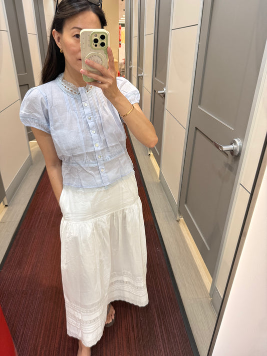 Casual Pintuck Lace Button Down Top. Whimsical Cottage core natural fiber top. Cotton Victorian Style Blouse. Eyelet Classic Cotton Cozy Top.