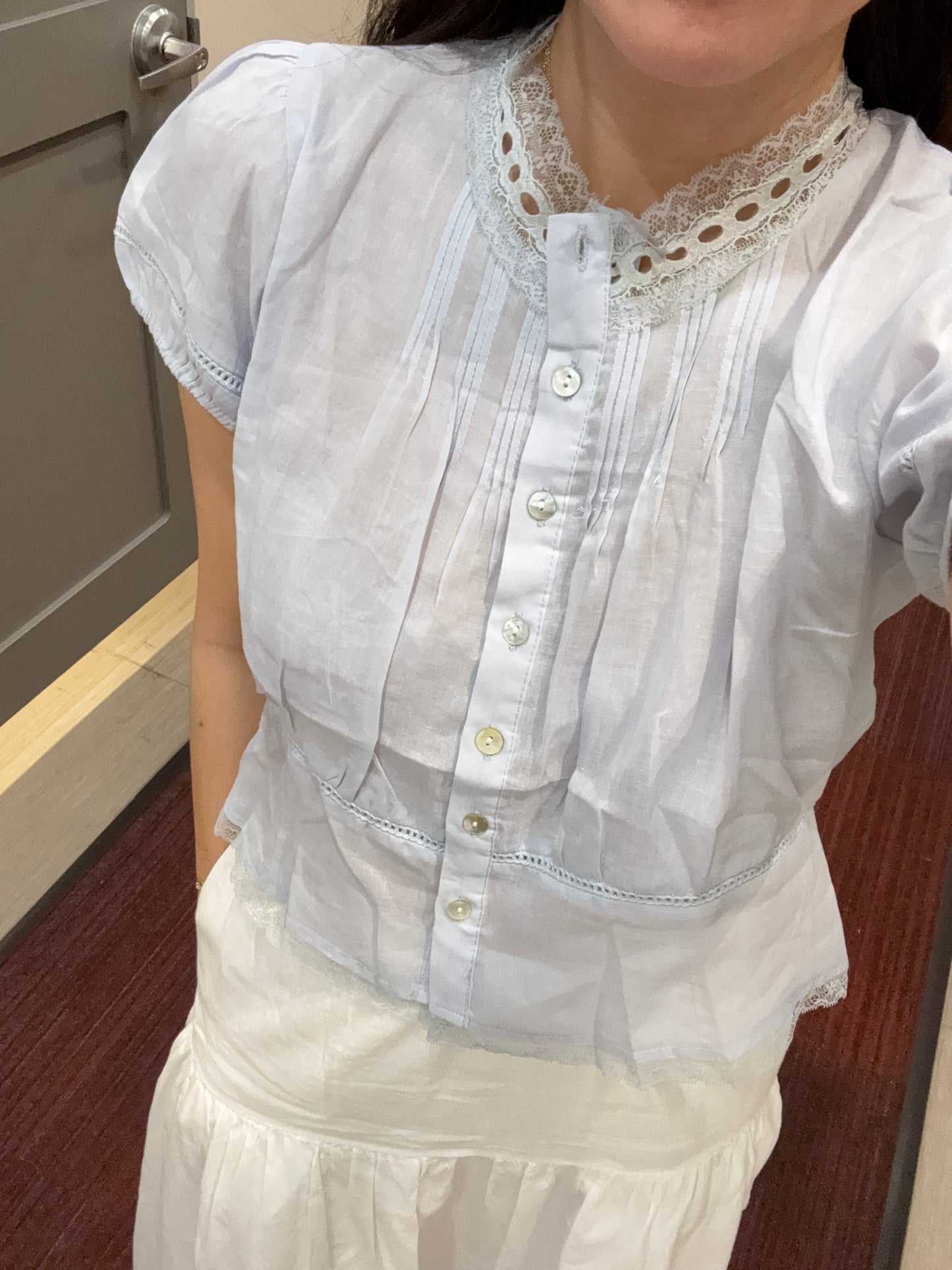 Casual Pintuck Lace Button Down Top. Whimsical Cottage core natural fiber top. Cotton Victorian Style Blouse. Eyelet Classic Cotton Cozy Top.