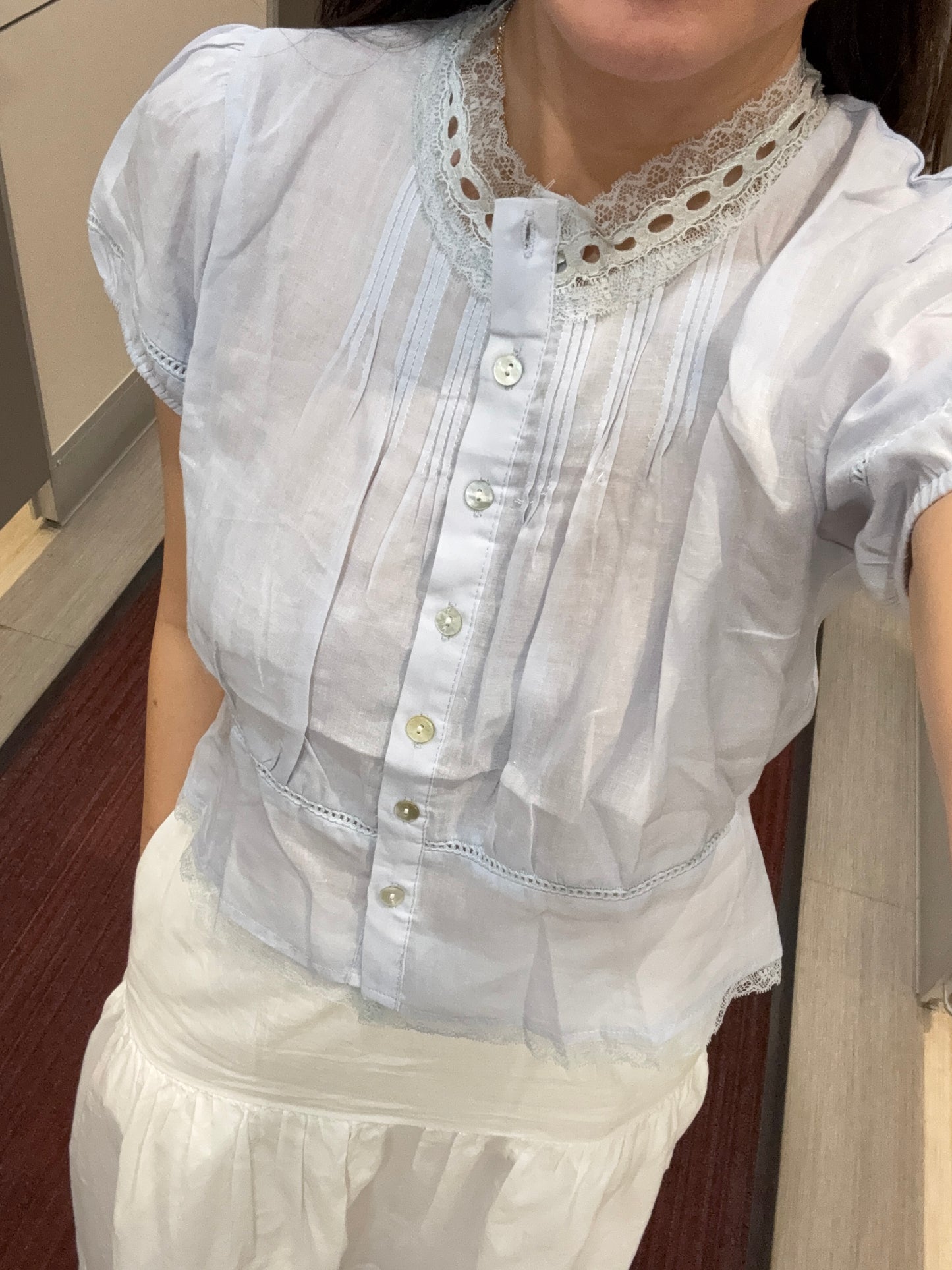 Casual Pintuck Lace Button Down Top. Whimsical Cottage core natural fiber top. Cotton Victorian Style Blouse. Eyelet Classic Cotton Cozy Top.