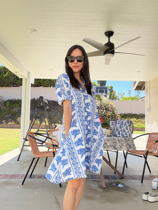 Blue White Classic Handblock Print Casual Everyday Dress or Top. Multi functional Dress/Top in floral print - Chickticks