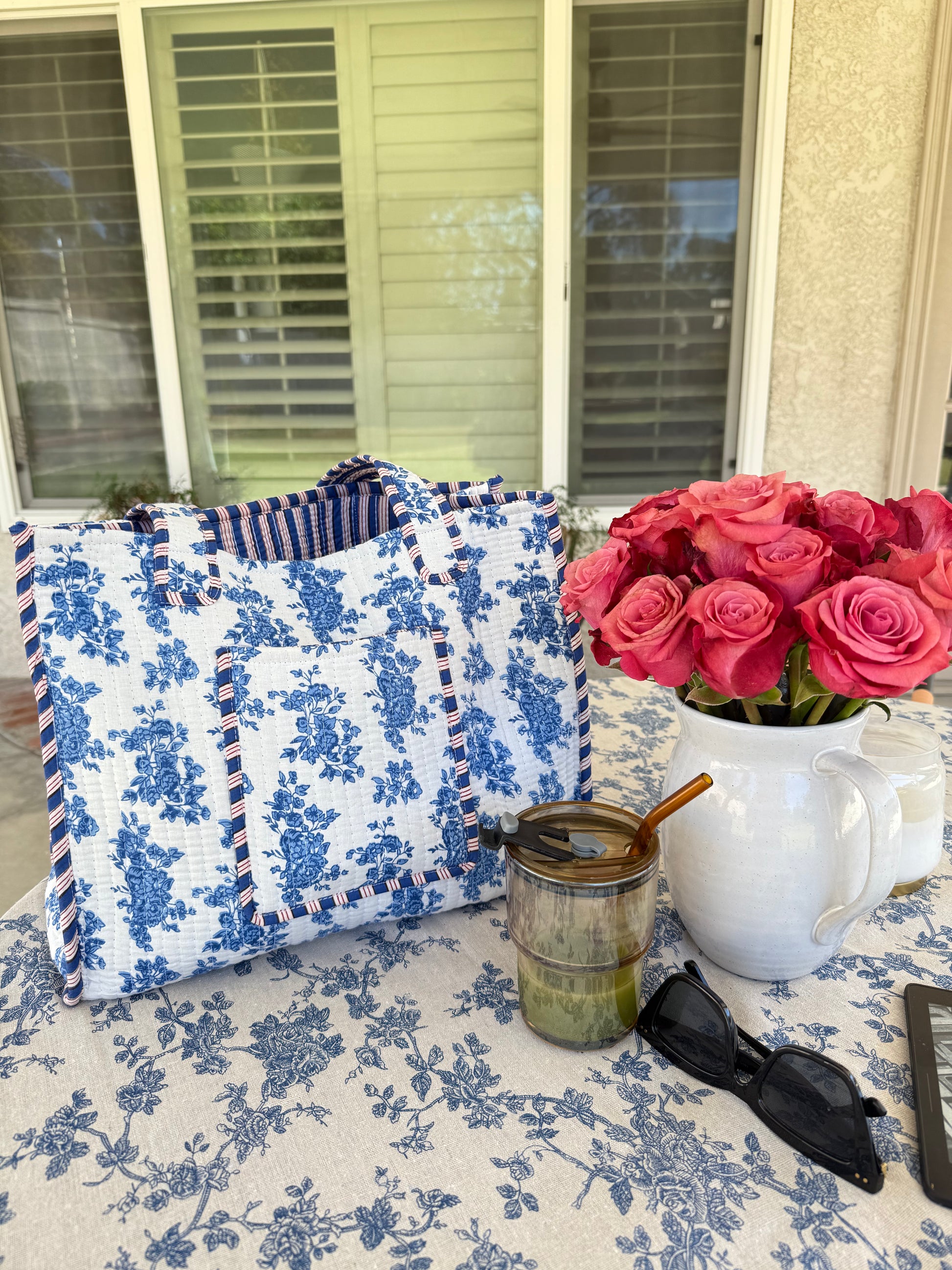 Cotton Handblock Floral Blue White Tote Bag. Reversible Tote Bag. All year Tote Bag. Travel Tote Bag. Everyday Bag. - Chickticks