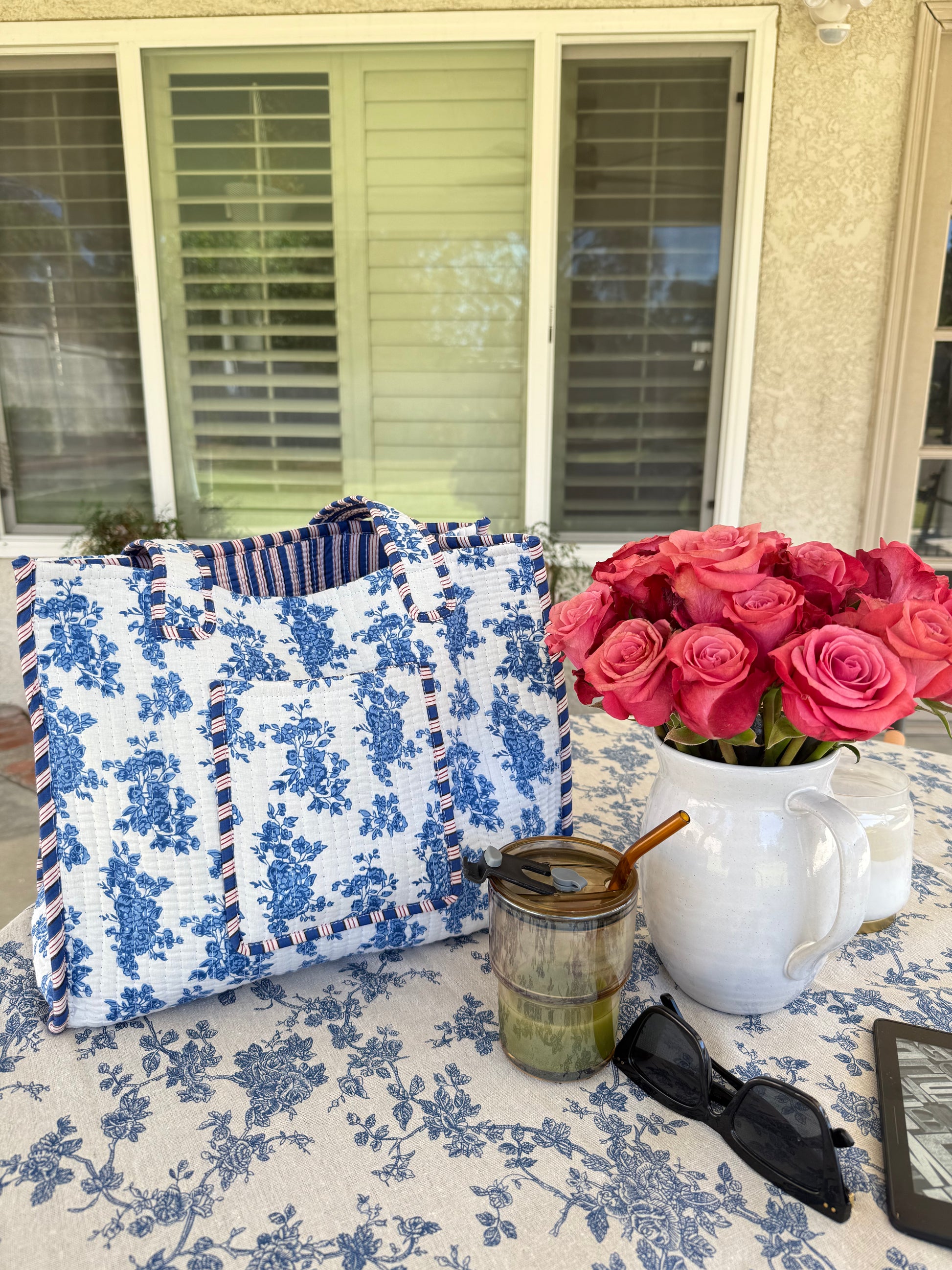 Cotton Handblock Floral Blue White Tote Bag. Reversible Tote Bag. All year Tote Bag. Travel Tote Bag. Everyday Bag. - Chickticks