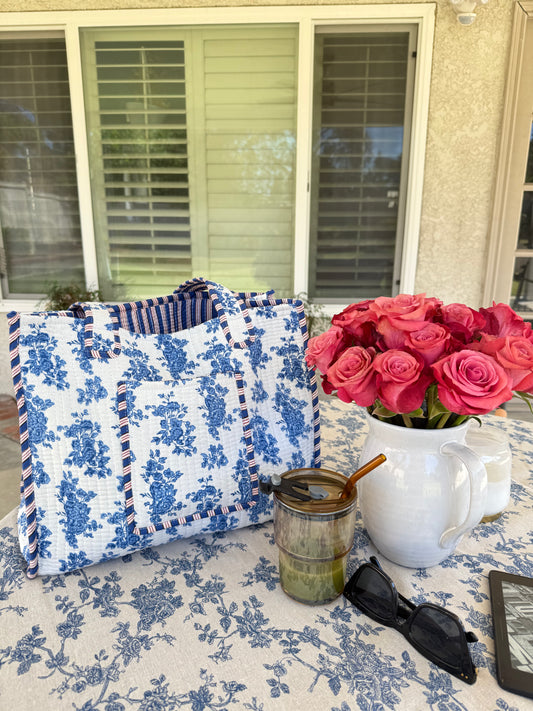 Cotton Handblock Floral Blue White Tote Bag. Reversible Tote Bag. All year Tote Bag. Travel Tote Bag. Everyday Bag. - Chickticks