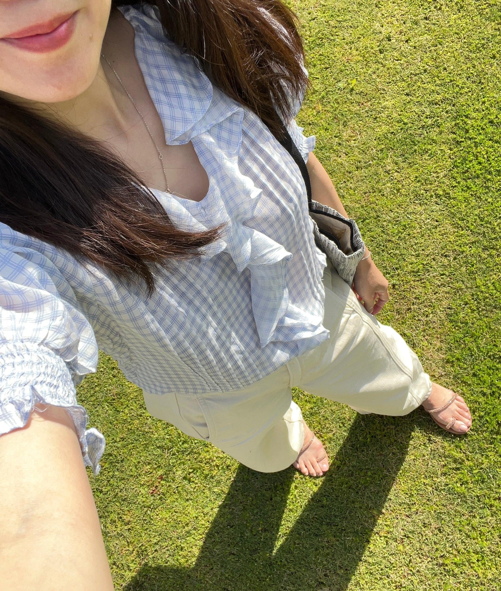 Blue Gingham ruffle frilly shirt french style shirt lace top - Chickticks