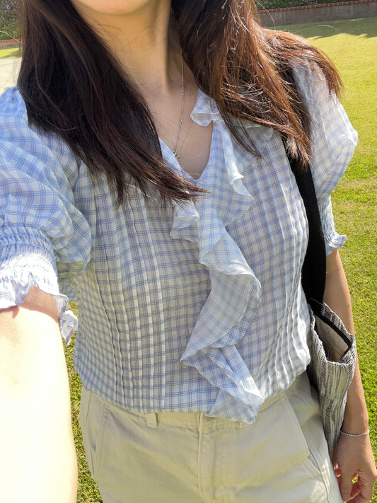 Blue Gingham ruffle frilly shirt french style shirt lace top - Chickticks