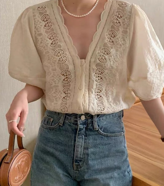 Beige lace french style Victorian Top