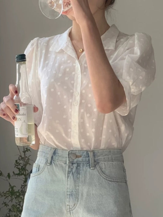Short sleeve button down floral daisy embroidered shirt french cottag core style vintage inspired