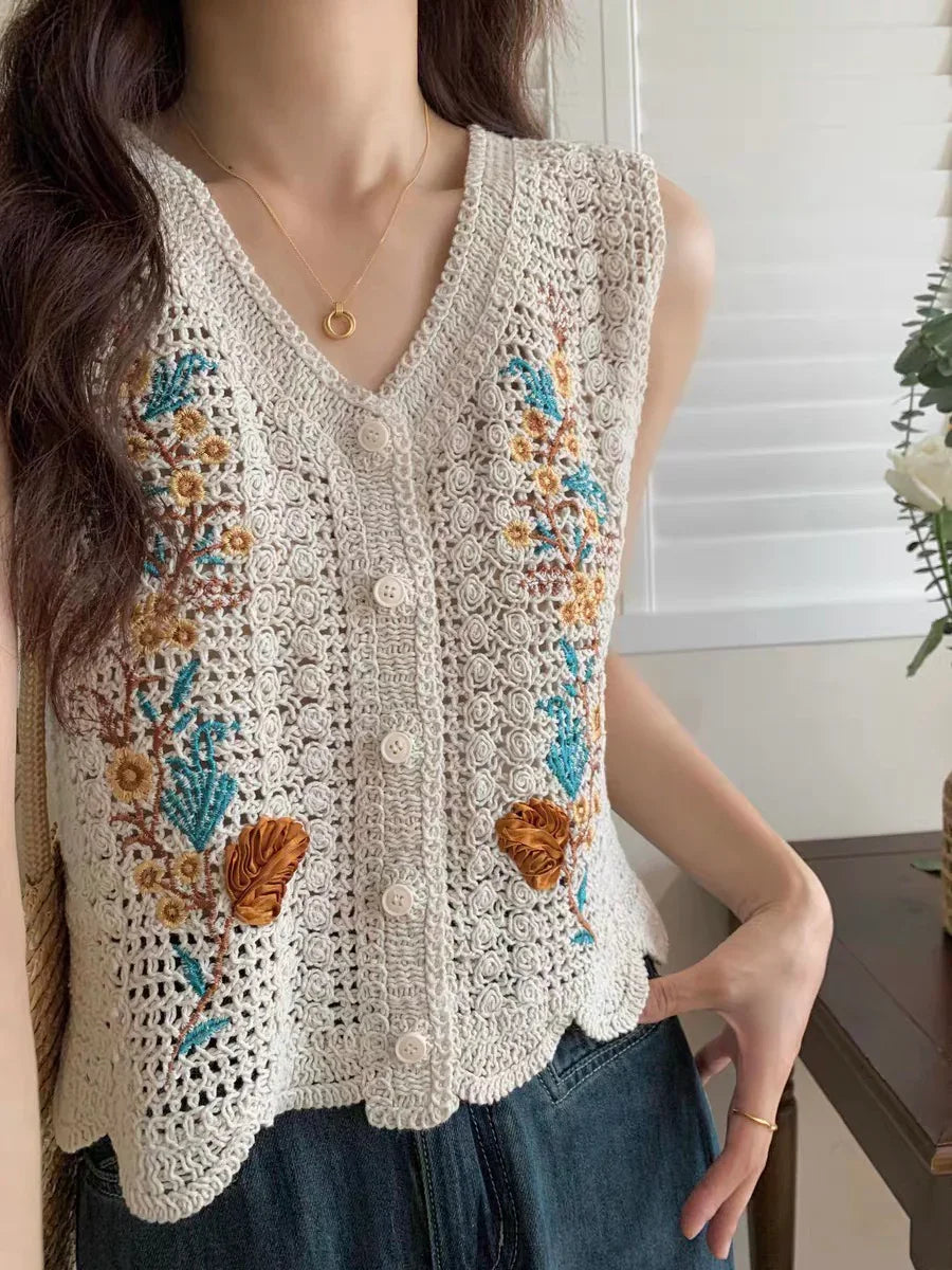 Sleeveless summer cotton knit vest french floral embroidered - Chickticks