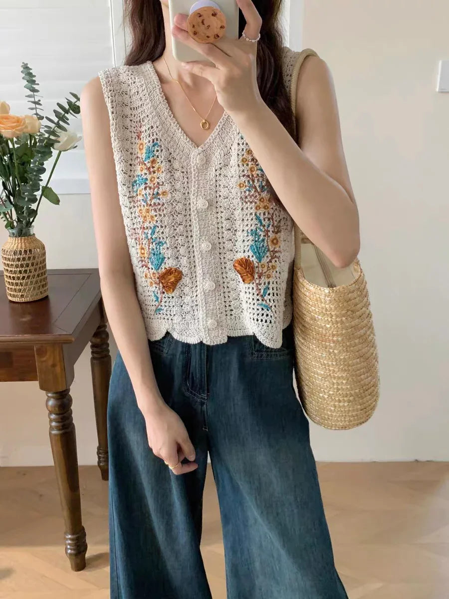 Sleeveless summer cotton knit vest french floral embroidered - Chickticks