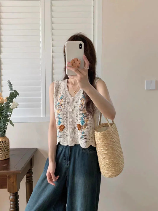 Sleeveless summer cotton knit vest french floral embroidered - Chickticks