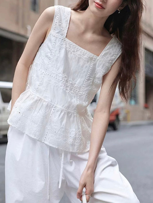 Sleeveless embroidered white cotton french style blouse