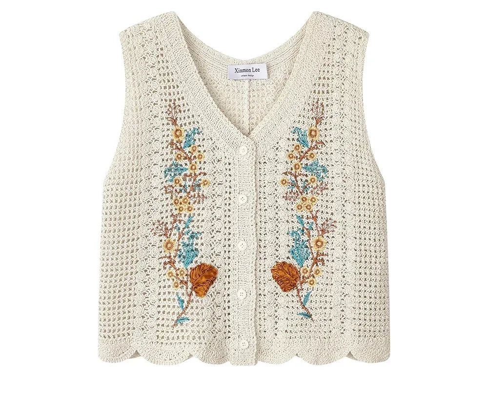 Sleeveless summer cotton knit vest french floral embroidered - Chickticks