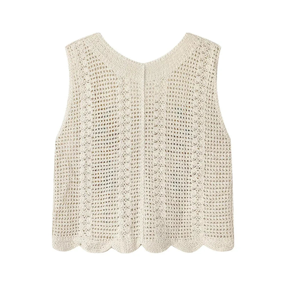 Sleeveless summer cotton knit vest french floral embroidered - Chickticks