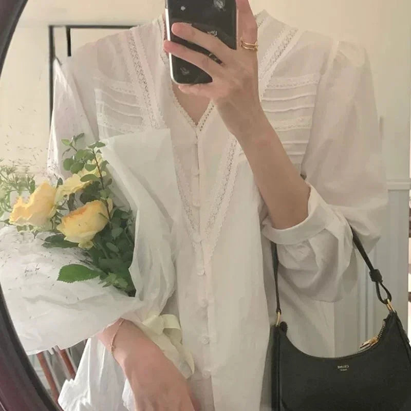 White cotton shirt french lace vintage inspired - Chickticks