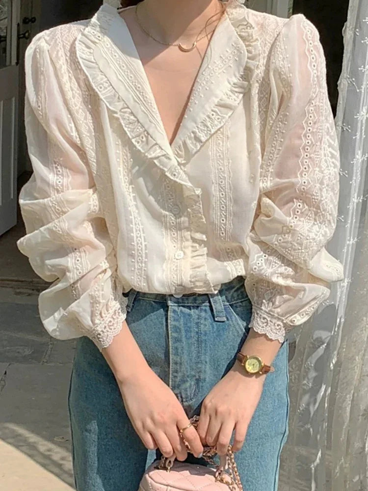 Cotton button down french lace inspired shirt. Vintage inspired shirt - Chickticks