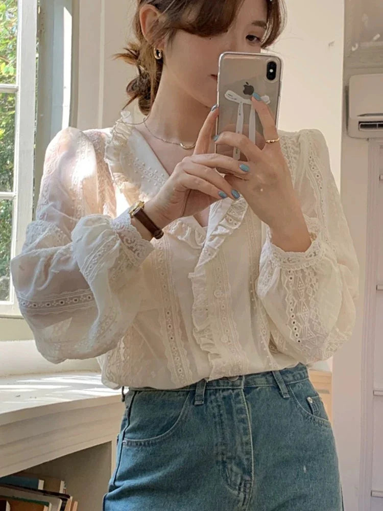 Cotton button down french lace inspired shirt. Vintage inspired shirt - Chickticks