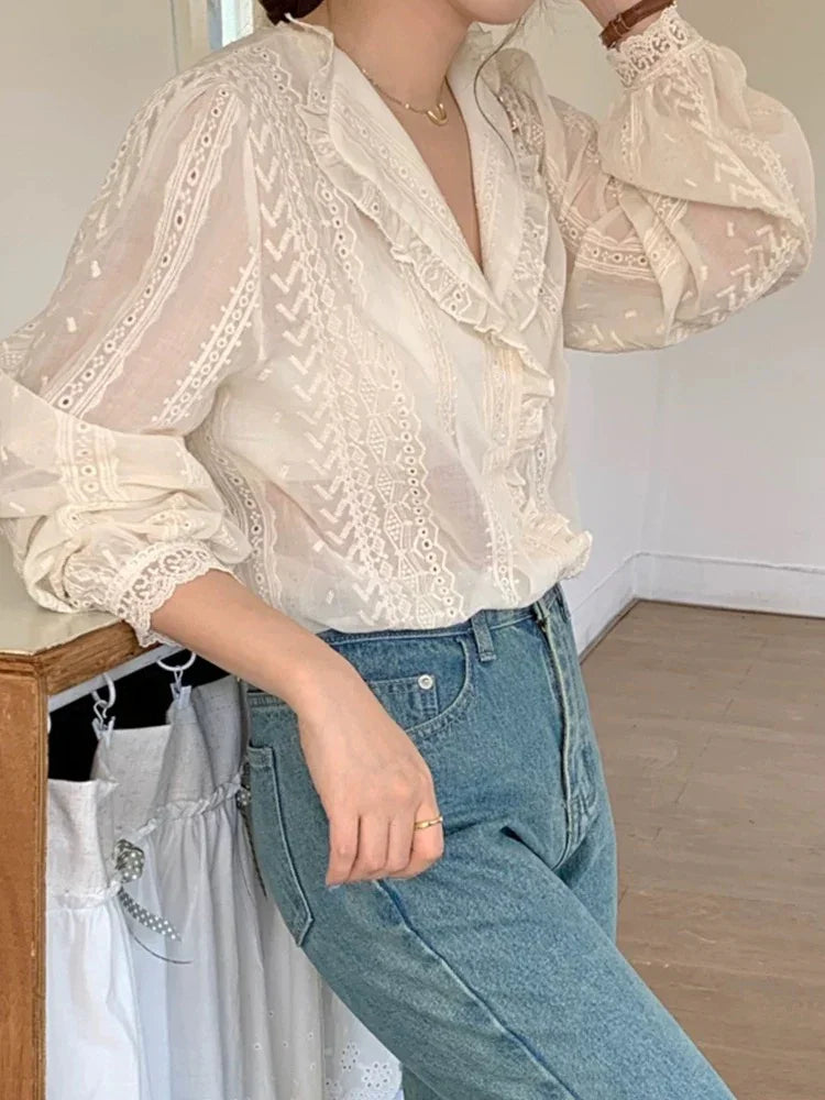 Cotton button down french lace inspired shirt. Vintage inspired shirt - Chickticks