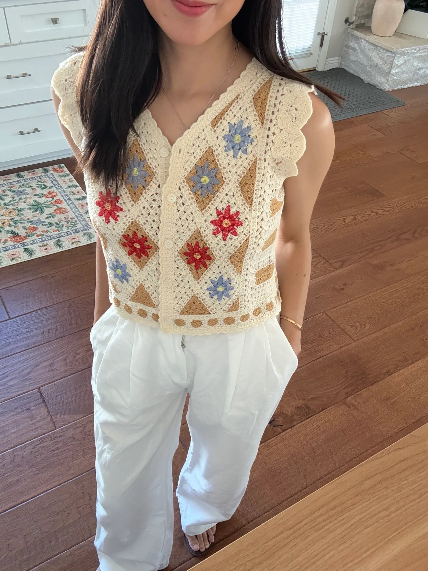 Soft cotton knit floral embroidered vest french style vintage inspired - Chickticks