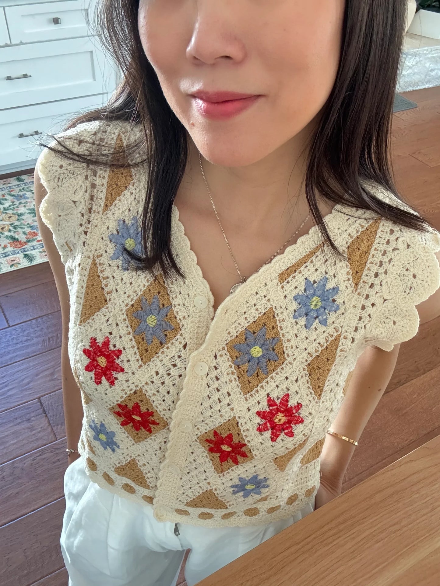 Soft cotton knit floral embroidered vest french style vintage inspired - Chickticks