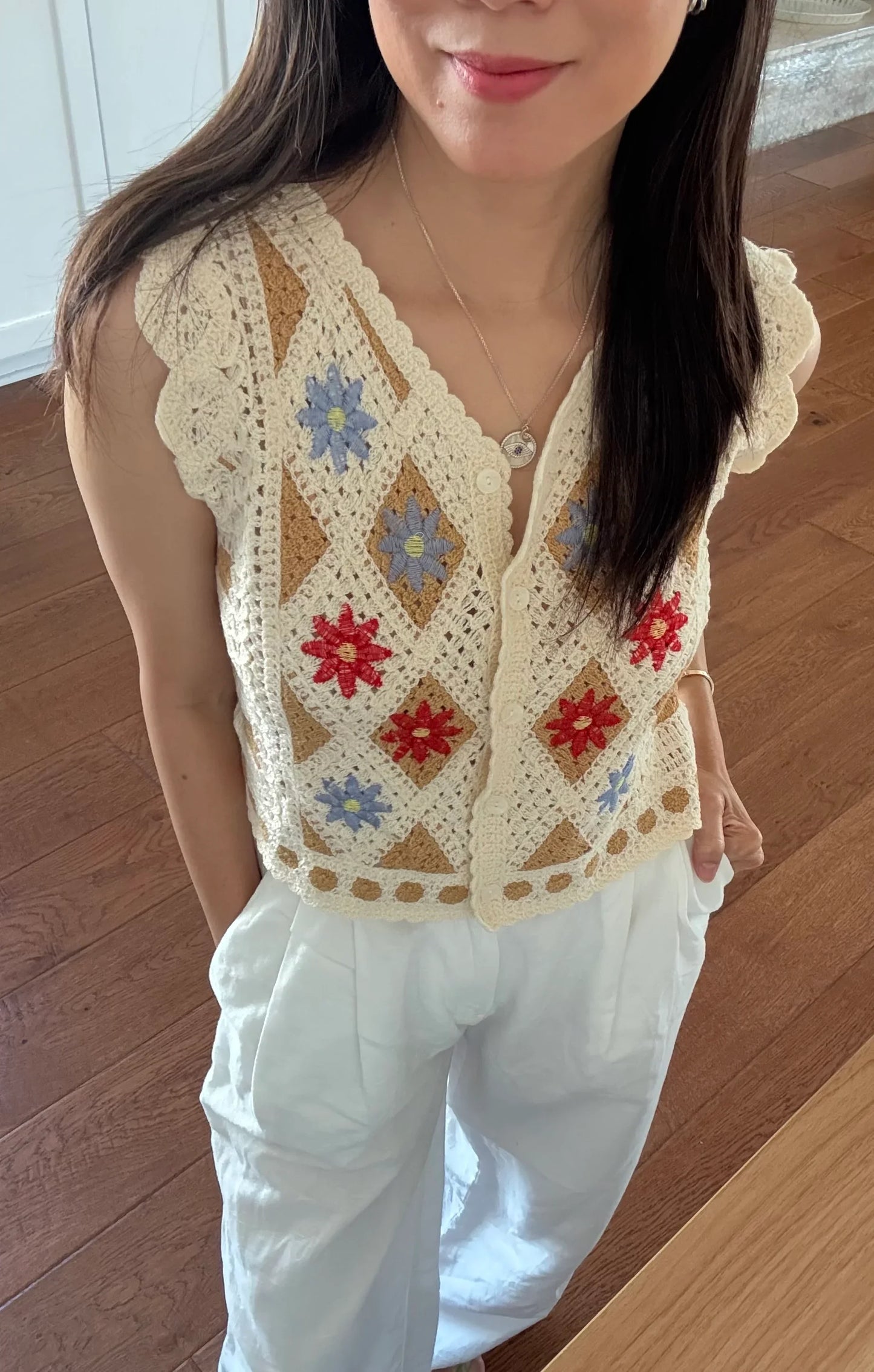 Soft cotton knit floral embroidered vest french style vintage inspired - Chickticks